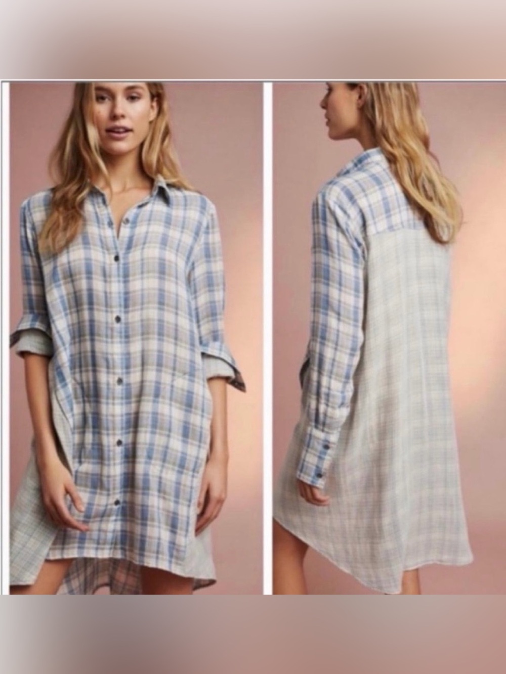 Saturday Sunday Blue and White Plaid Long-Sleeve Shirt Dress